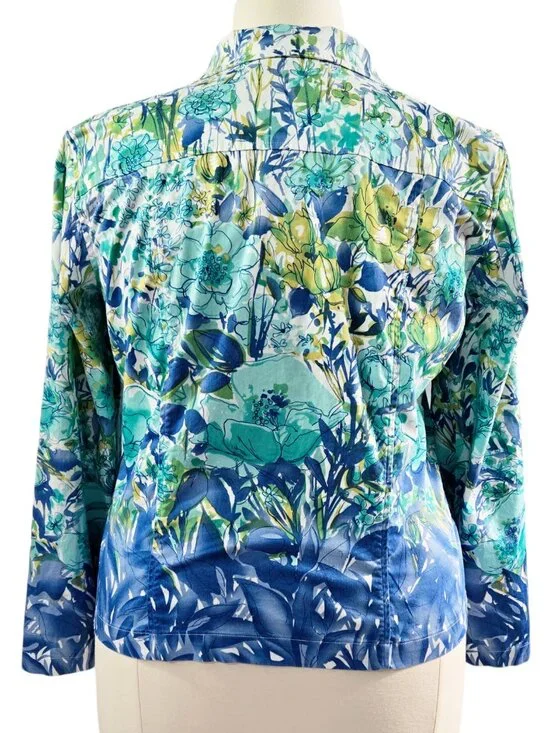 Coldwater Creek Blue Teal Floral Watercolor Line Art Jacket Artsy Art to Wear - Picture 2 of 8